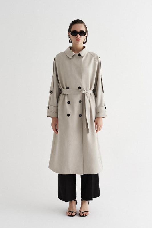 Exclusive Polyviscose Long Trench Coat Beige