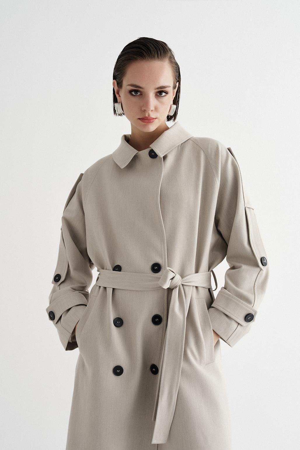 Exclusive Polyviscose Long Trench Coat Beige