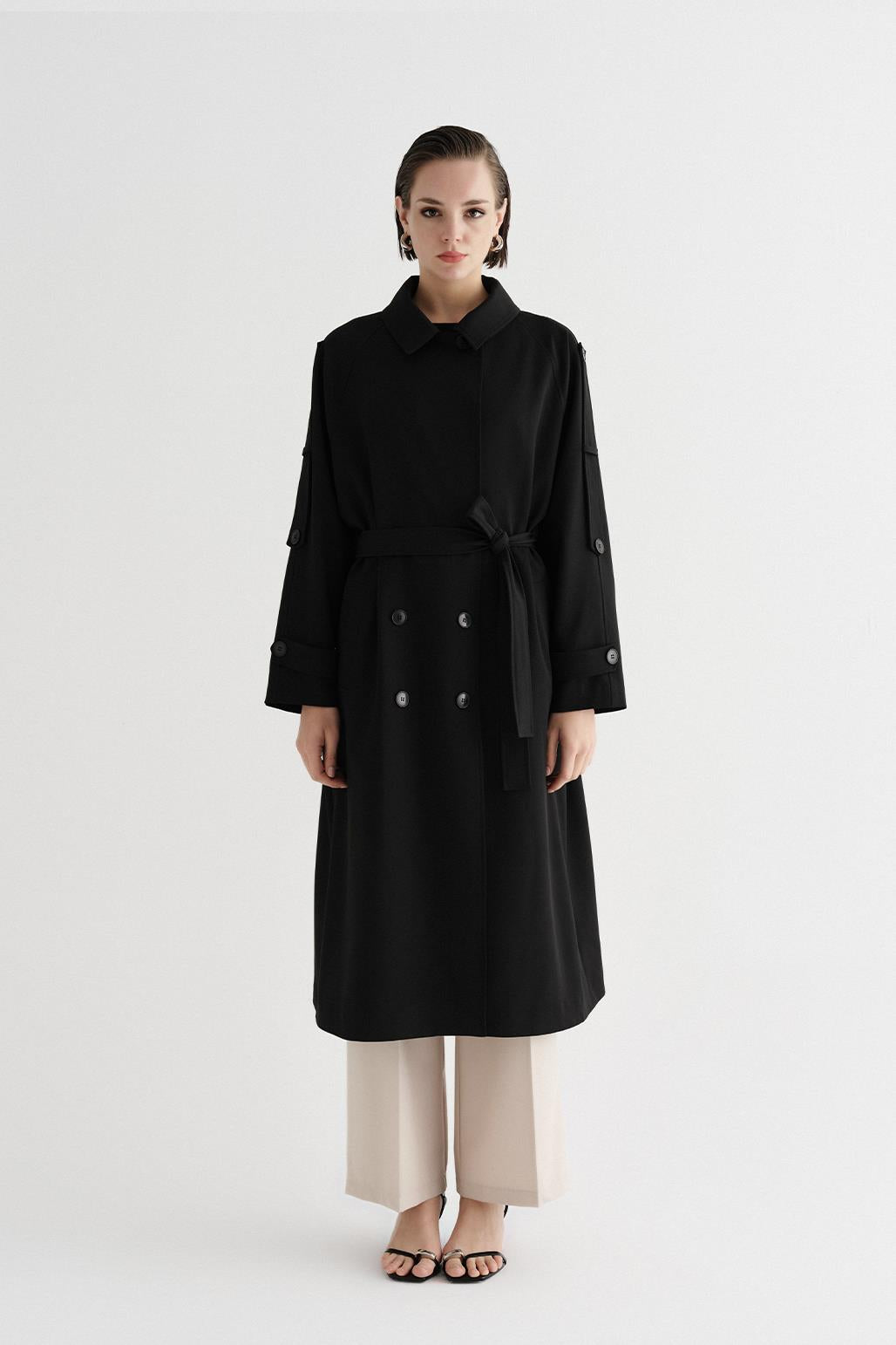 Exclusive Polyviscose Long Trench Coat Black