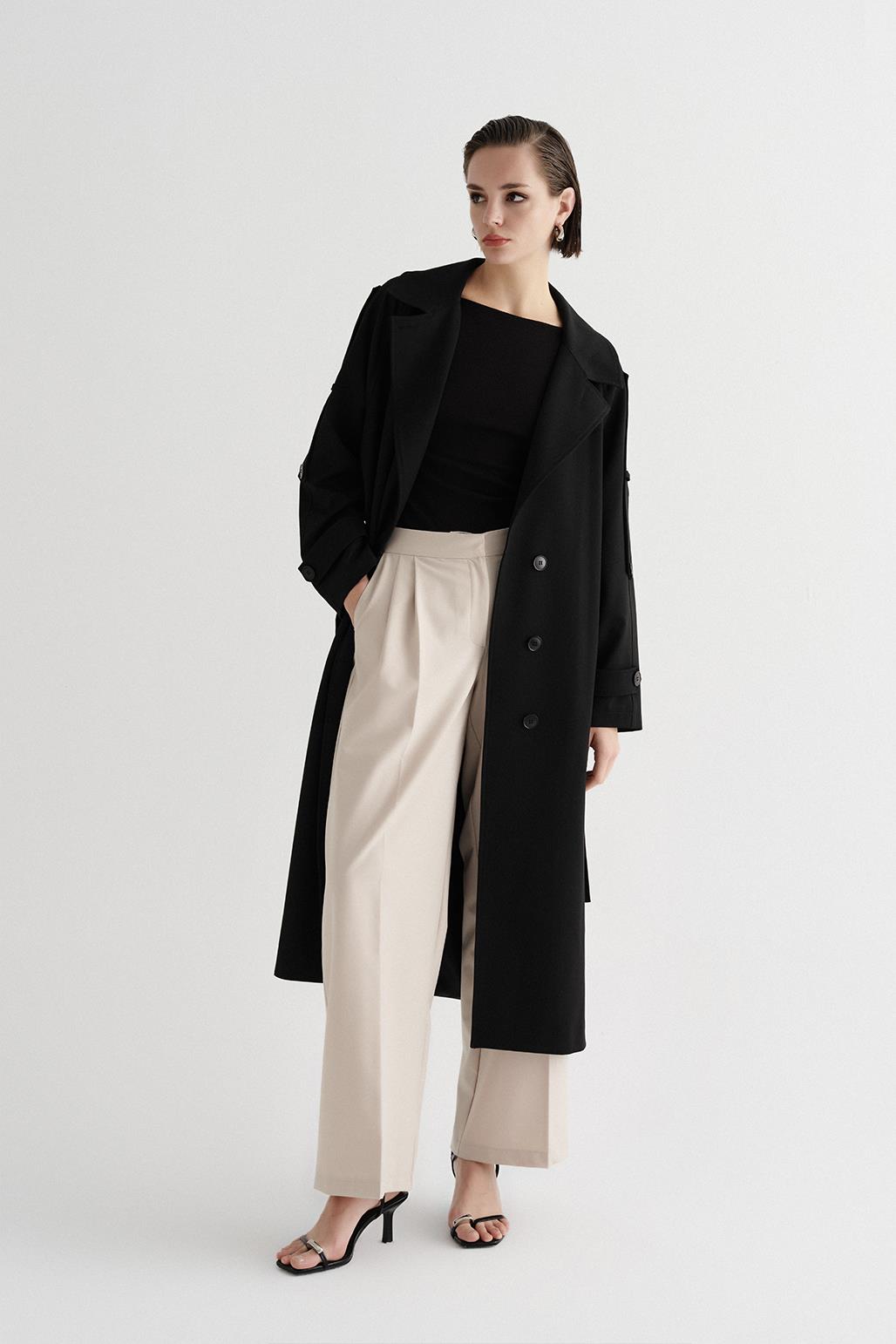 Exclusive Polyviscose Long Trench Coat Black