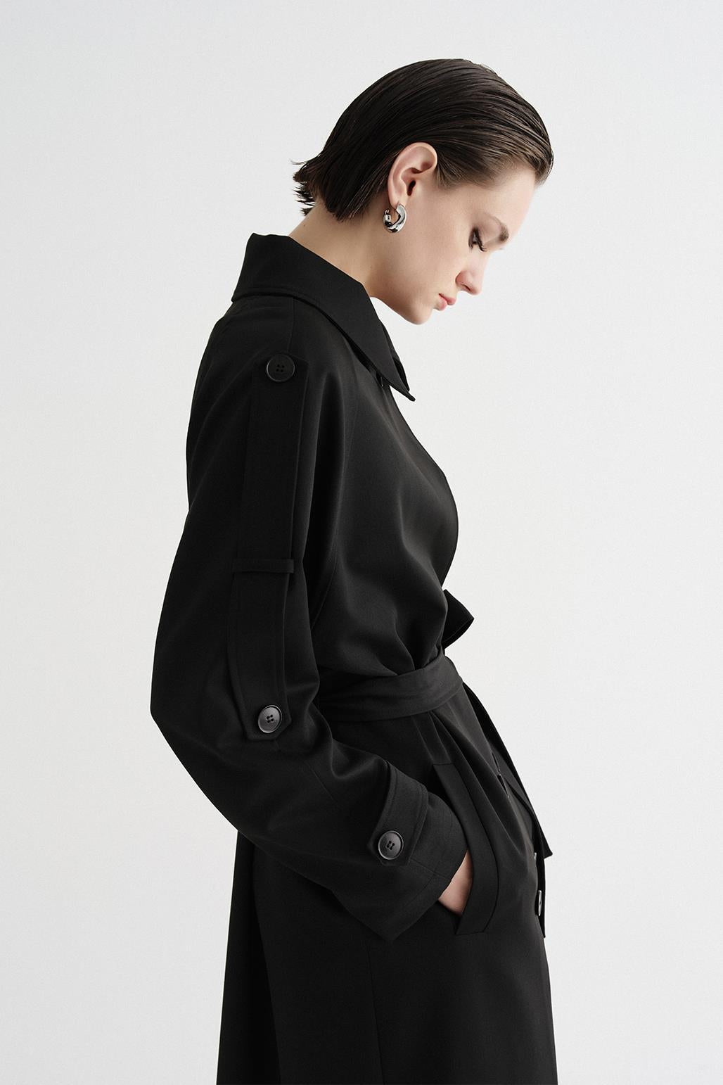 Exclusive Polyviscose Long Trench Coat Black