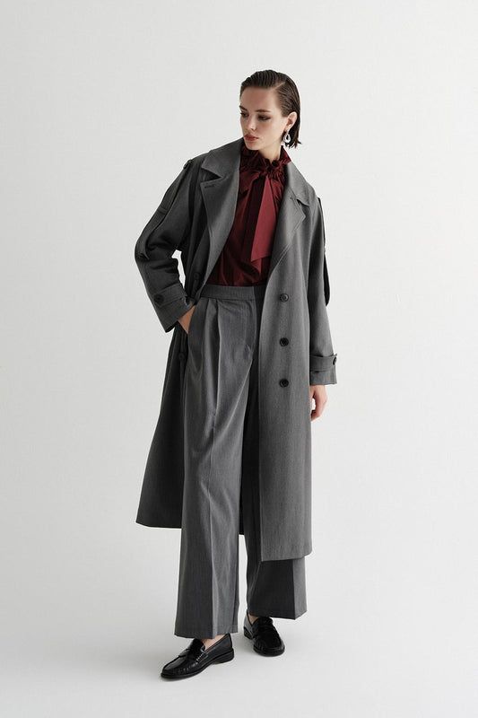 Exclusive Polyviscose Long Trench Coat Gray