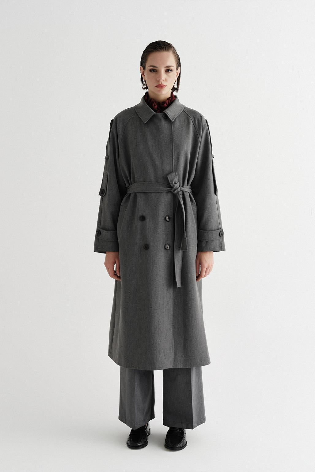 Exclusive Polyviscose Long Trench Coat Gray