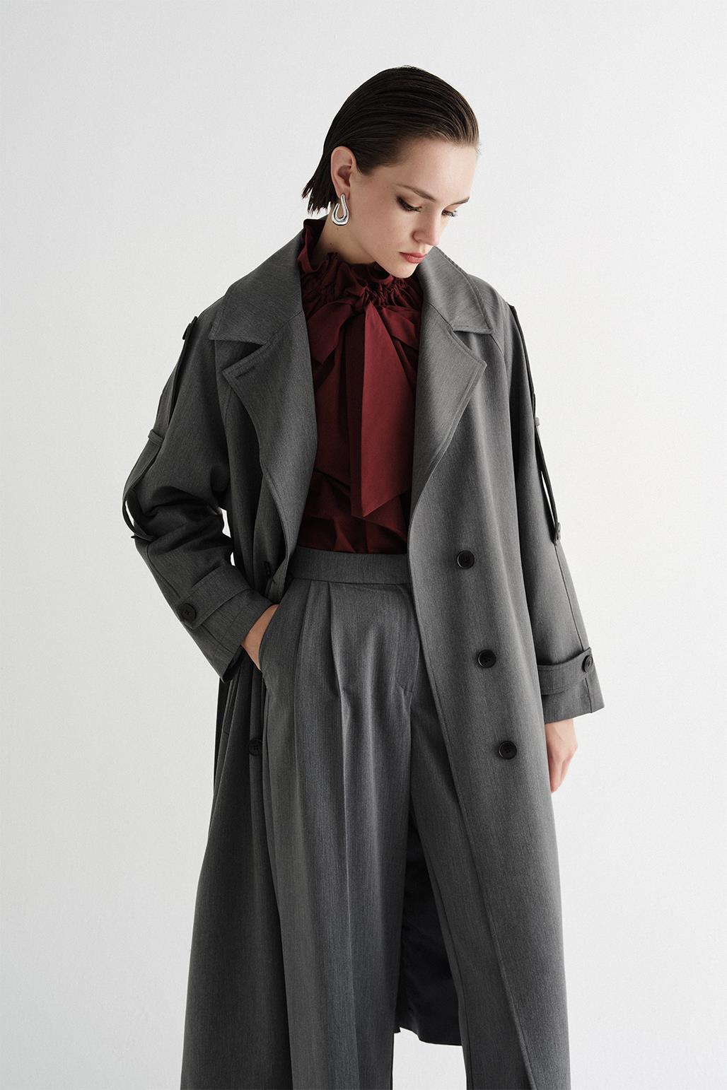 Exclusive Polyviscose Long Trench Coat Gray