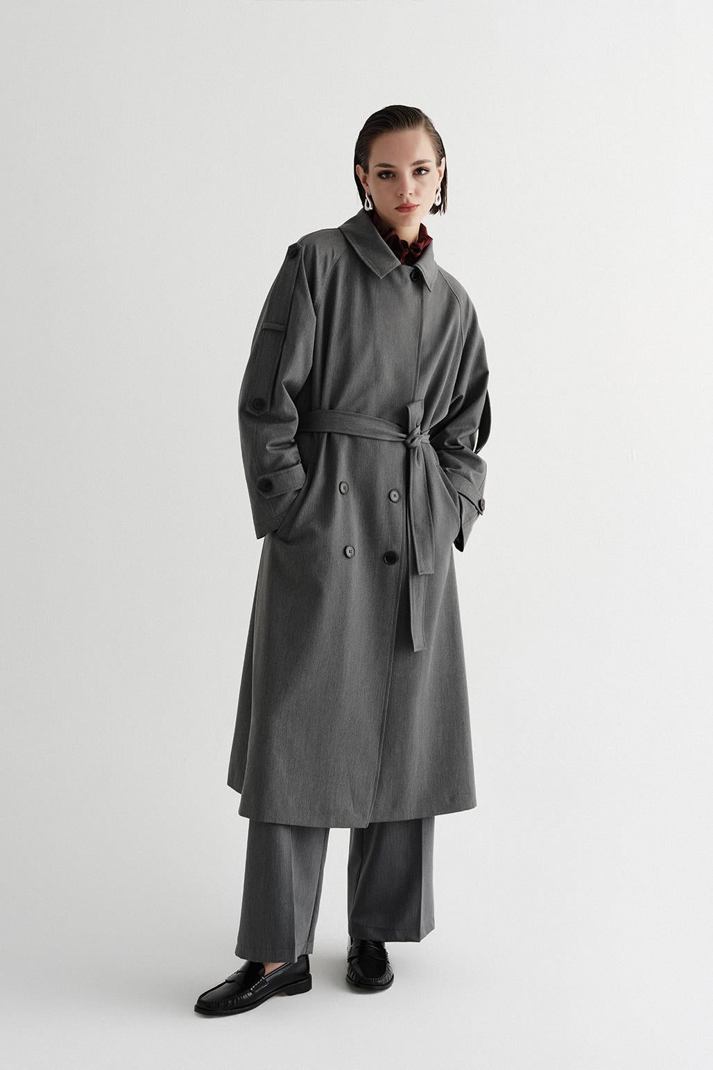 Exclusive Polyviscose Long Trench Coat Gray