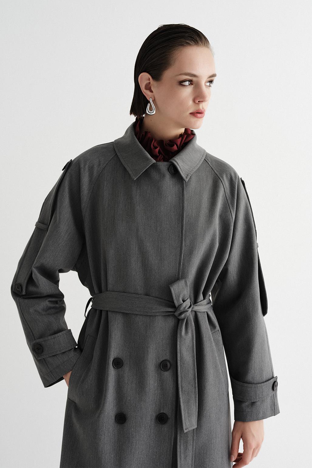 Exclusive Polyviscose Long Trench Coat Gray