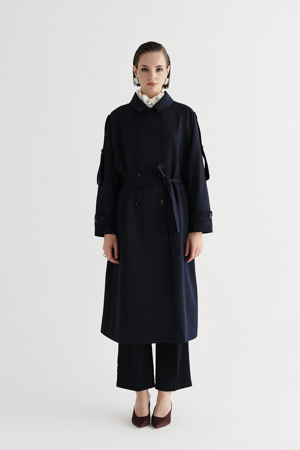 Exclusive Polyviscose Long Trench Coat Navy Blue