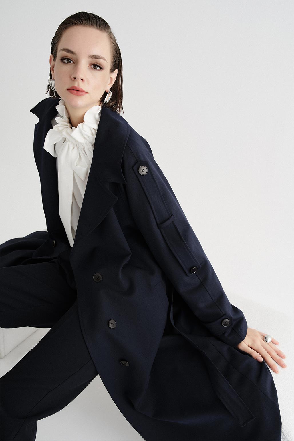 Exclusive Polyviscose Long Trench Coat Navy Blue