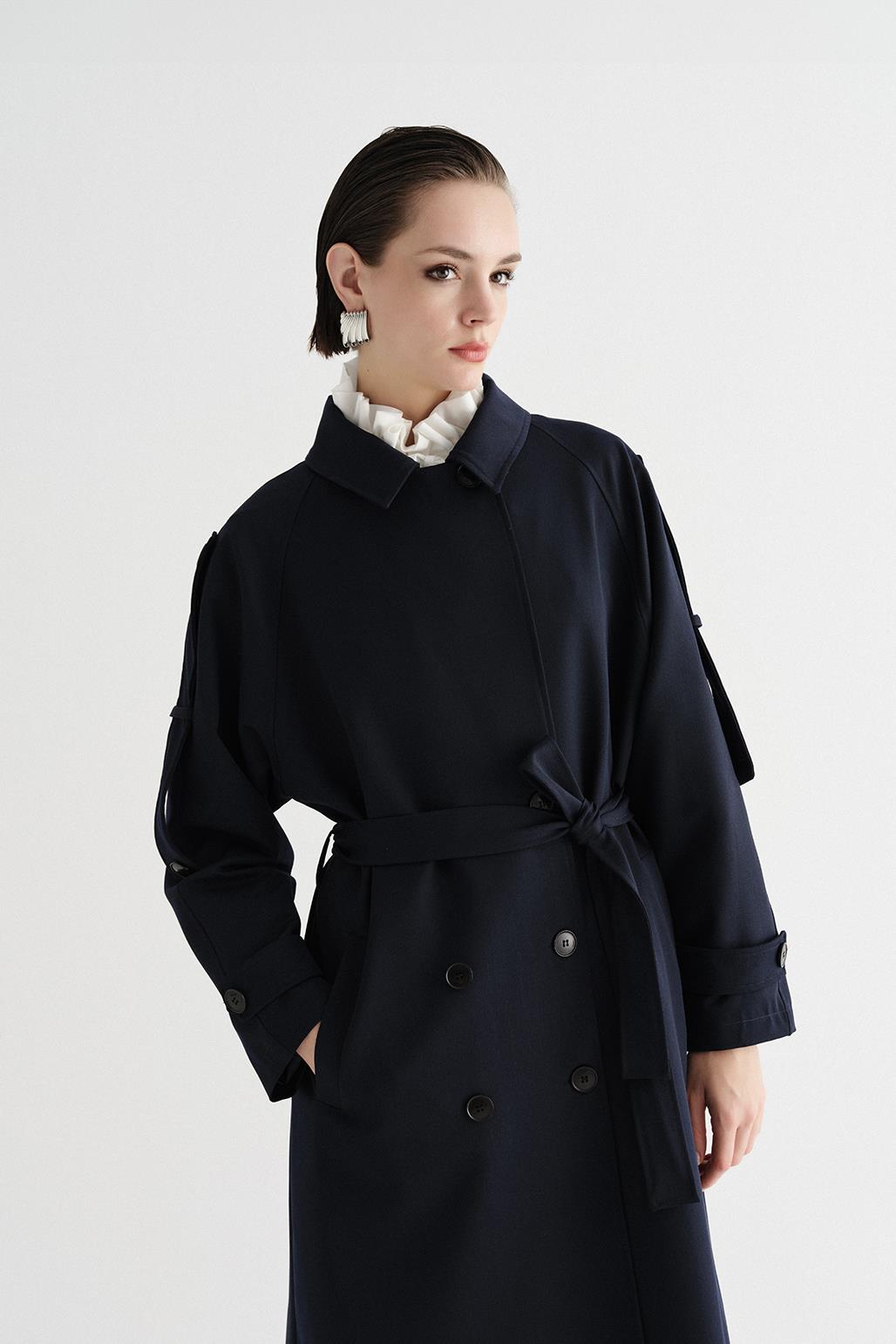 Exclusive Polyviscose Long Trench Coat Navy Blue