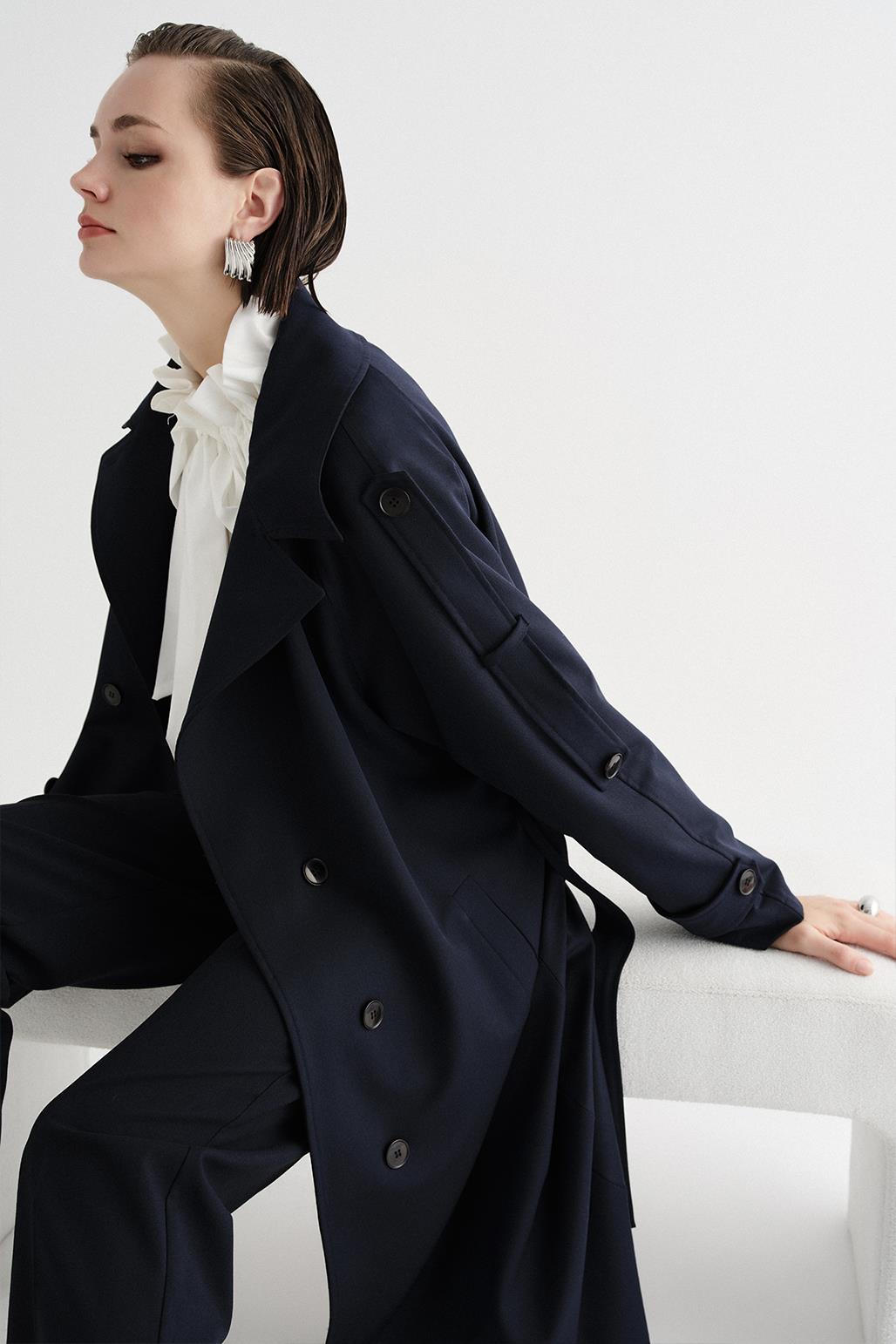 Exclusive Polyviscose Long Trench Coat Navy Blue