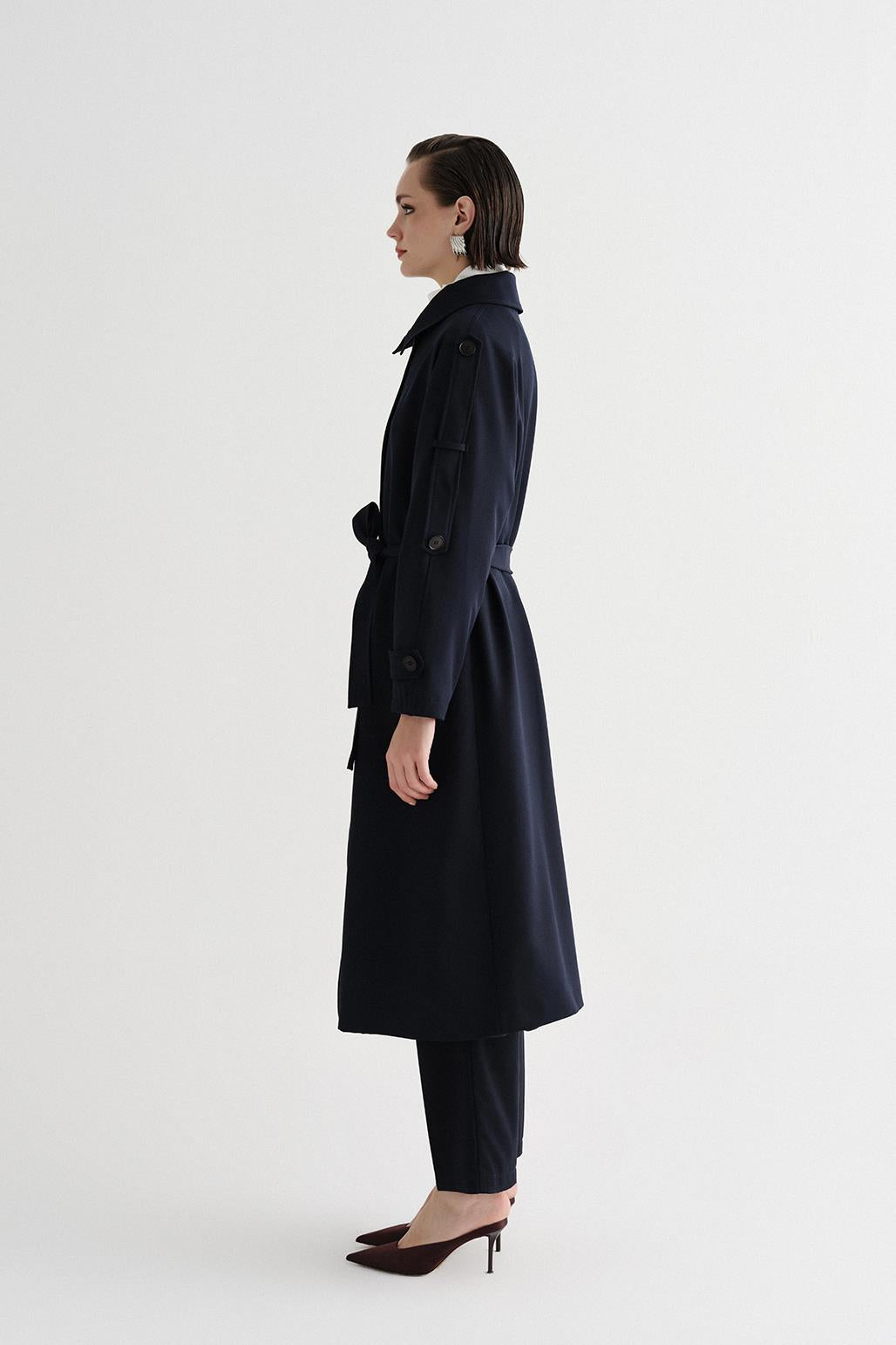 Exclusive Polyviscose Long Trench Coat Navy Blue