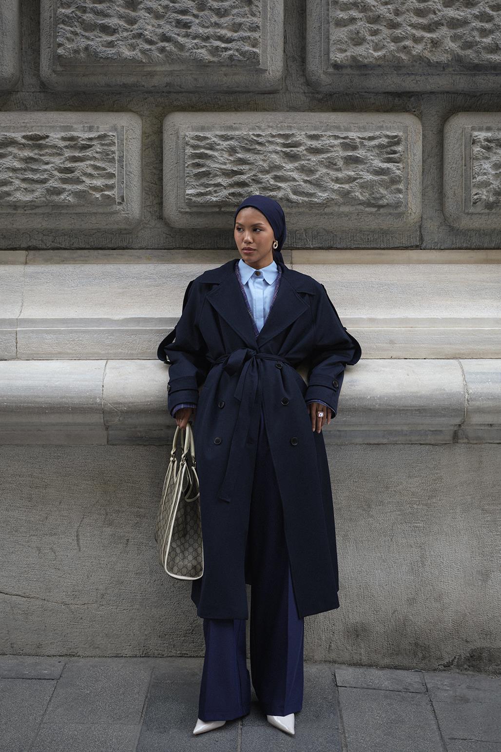 Exclusive Polyviscose Long Trench Coat Navy Blue