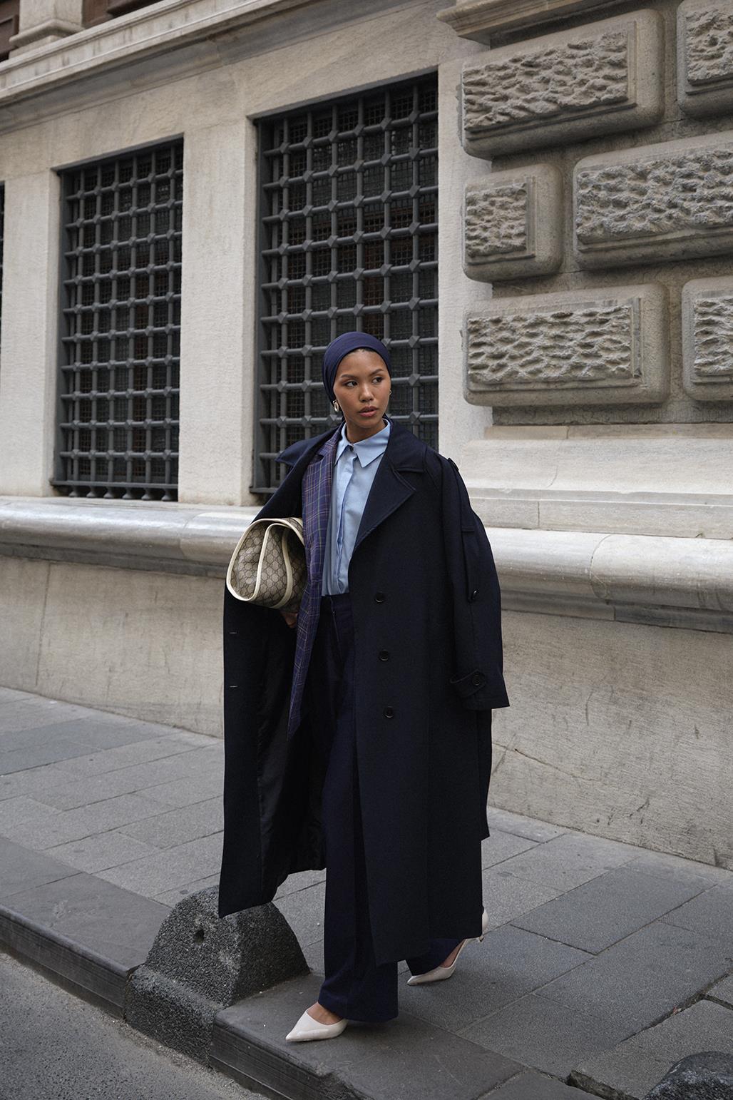 Exclusive Polyviscose Long Trench Coat Navy Blue