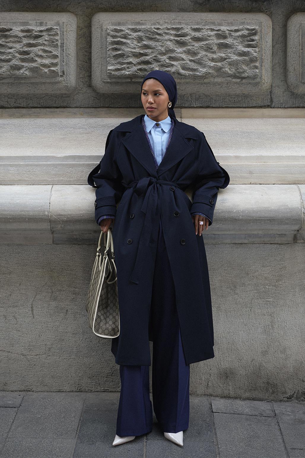 Exclusive Polyviscose Long Trench Coat Navy Blue