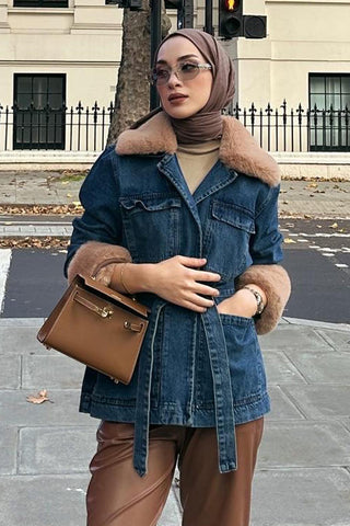 Faux Fur Trimmed Denim Jacket Mid Blue