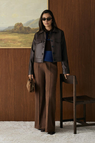 Faux Leather Short Jacket Brown