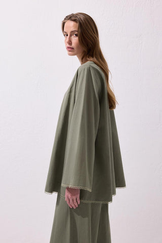 Faye Lace Linen Blouse and Trousers Set Khaki