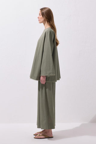 Faye Lace Linen Blouse and Trousers Set Khaki