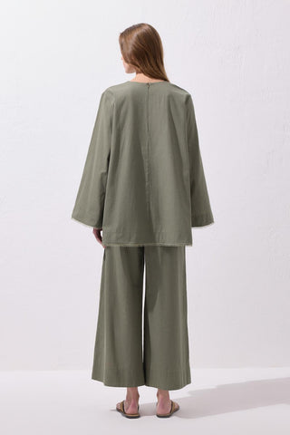 Faye Lace Linen Blouse and Trousers Set Khaki