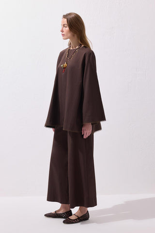 Faye Lace Linen Blouse and Trousers Set Brown
