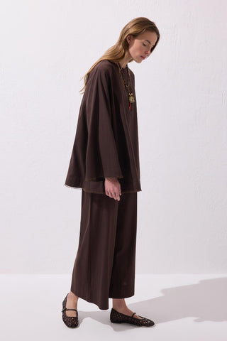 Faye Lace Linen Blouse and Trousers Set Brown