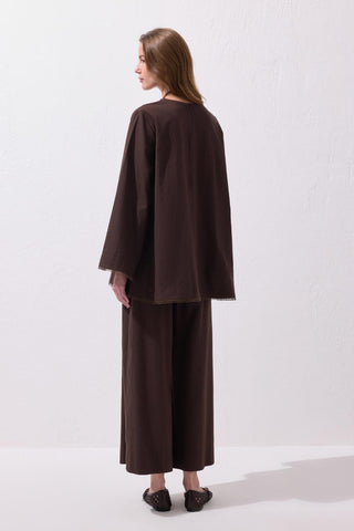 Faye Lace Linen Blouse and Trousers Set Brown