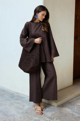 Faye Lace Linen Blouse and Trousers Set Brown