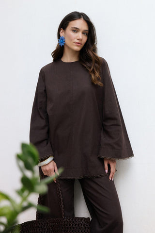 Faye Lace Linen Blouse and Trousers Set Brown