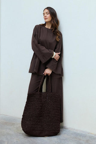 Faye Lace Linen Blouse and Trousers Set Brown