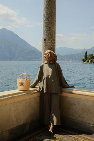 Faye Lace Linen Blouse and Trousers Set Khaki