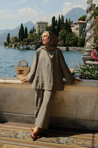 Faye Lace Linen Blouse and Trousers Set Khaki