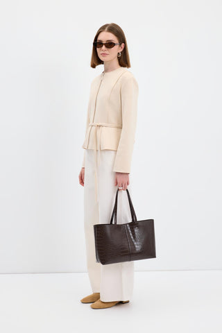 Suede Short Jacket with Zip Up Crew Neck Beige