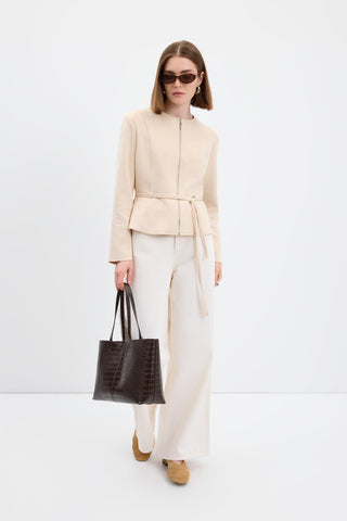 Suede Short Jacket with Zip Up Crew Neck Beige