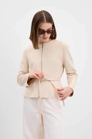 Suede Short Jacket with Zip Up Crew Neck Beige