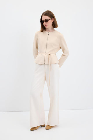 Suede Short Jacket with Zip Up Crew Neck Beige