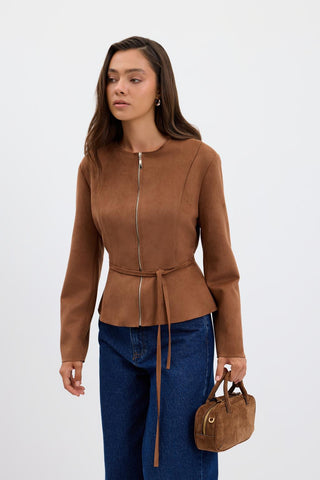 Suede Short Jacket with Zip Up Crew Neck Camel