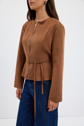 Suede Short Jacket with Zip Up Crew Neck Camel