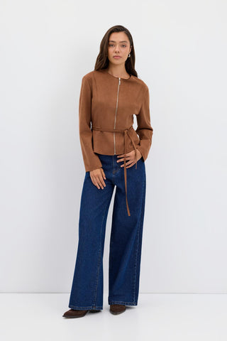 Suede Short Jacket with Zip Up Crew Neck Camel