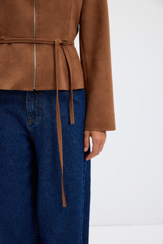 Suede Short Jacket with Zip Up Crew Neck Camel