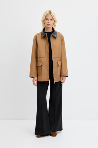 Front Zip Suede Jacket Leather Collar Camel