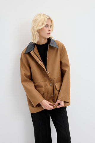 Front Zip Suede Jacket Leather Collar Camel