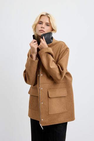 Front Zip Suede Jacket Leather Collar Camel