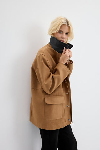 Front Zip Suede Jacket Leather Collar Camel