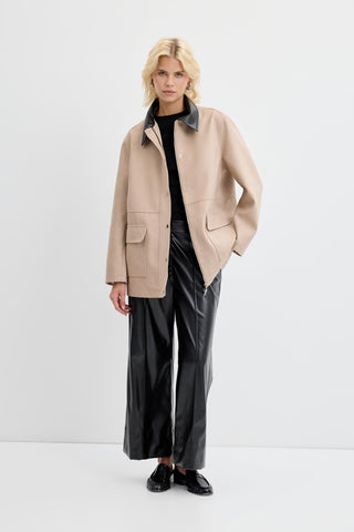 Front Zip Suede Jacket Leather Collar Mink