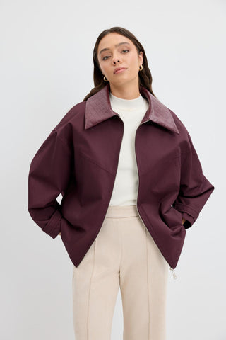 Zip-Up Leather Collar Jacket Plum