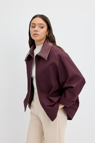 Zip-Up Leather Collar Jacket Plum