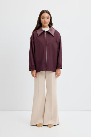 Zip-Up Leather Collar Jacket Plum