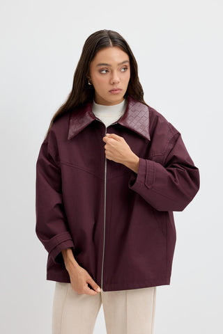 Zip-Up Leather Collar Jacket Plum