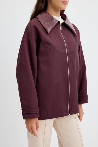Zip-Up Leather Collar Jacket Plum