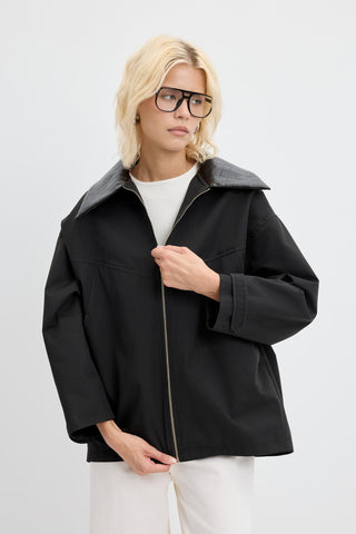 Zip-Up Leather Collar Jacket Black